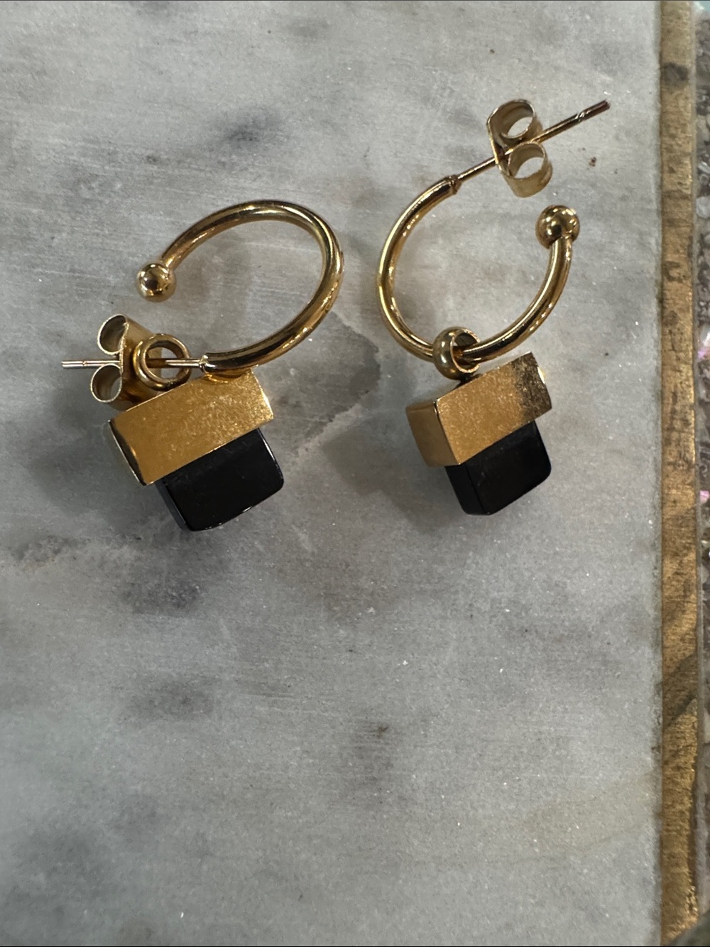 Gold Toned Hoop Earrings with Black Geometric Charms - Women Fashion Jewelry